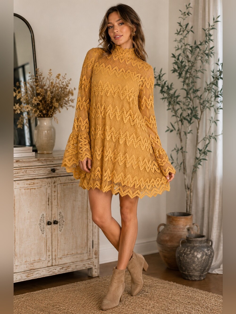Free People Mustard Lace High-Neck Mini Dress